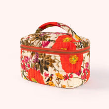 Load image into Gallery viewer, Quilted Cream Fine Flowers Vanity Case, cotton velvet quilted cosmetic case with orange, pink, and yellow floral and bird print, top handle and zipper closure, against white background. 
