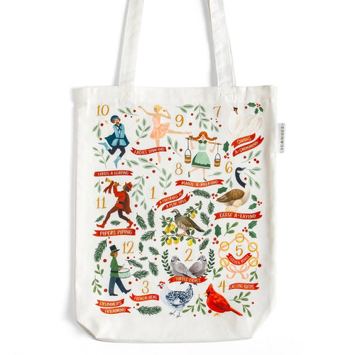 Cotton canvas tote bag decorated with The 12 Days of Christmas illustrations, displayed on a white background.  