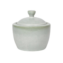 Load image into Gallery viewer, Aquarius Sage stoneware sugar pot with reactive glaze and lid, on a white background.