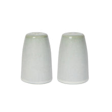 Load image into Gallery viewer, Aquarius Sage stoneware salt and pepper shakers with reactive glaze, on a white background.