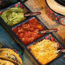 Load image into Gallery viewer, Day of the Dead Sectional Taco Tray,  melamine, three compartments, featuring aqua sugar skull and colorful floral design on black background, shown with guacamole, salsa, and shredded cheese, displayed with matching serving spoons and coordinating tortilla and taco holder.  