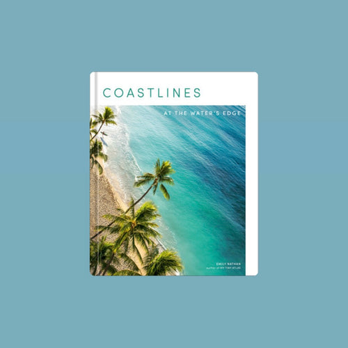 Book cover of Coastlines: At the Water's Edge by Emily Nathan featuring an aerial view of turquoise ocean waves meeting a sandy beach lined with palm trees, book title in blue lettering. Against a light blue background. 