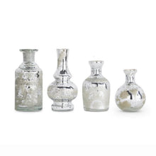 Load image into Gallery viewer, Silver Mercury Glass Etched Bud Vases, four assorted silver mercury glass etched bud vase styles displayed side by side against a white background. 