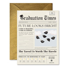 Load image into Gallery viewer, Graduation Times Card, newspaper-style graduation greeting card with black Graduation Times headline, Future Looks Bright text, graduation cap illustration, weather forecast, printed article layout, and glittery gold envelope, against white background. 