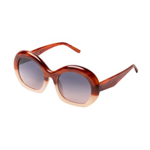 Load image into Gallery viewer, Daria Mahogany Petal Sunglasses, round polycarbonate frames with two-tone warm brown and petal pink color, and dark gradient lenses, angled side view against a white background. 