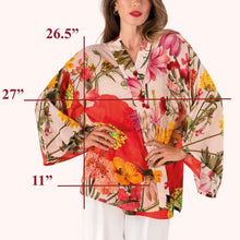 Load image into Gallery viewer, Cream Fine Flowers Kimono Jacket, lightweight kimono-style jacket with orange, pink, and yellow floral print and wide sleeves, measurement graphic overlay on garment, worn by model, against white background. 