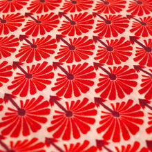Load image into Gallery viewer, Rouge Palms Infinity Scarf, close-up of cream cotton fabric with red palm-inspired  pattern.  