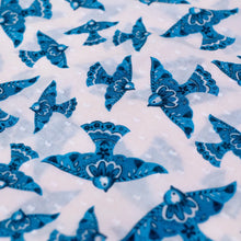 Load image into Gallery viewer, Watercolor Birds Infinity Scarf, close-up of white cotton fabric with blue Scandinavian-style bird pattern.