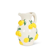 Load image into Gallery viewer, Large Jug with Lemons, white ceramic jug with a curved handle and raised yellow lemon and green leaf design, displayed against a white background. 