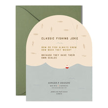 Load image into Gallery viewer, Fishing Reely Good Birthday Card, back of arched greeting card with illustrated fishing lure and water design, printed joke text, olive green envelope, displayed on white background. 