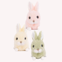 Load image into Gallery viewer, Baby bunny plush in vanilla, peach, and lime with soft coat, crouching position, upright ears with white interiors, white muzzles and feet, tan stitched noses, and dark bead eyes, displayed on a white background. 
