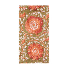 Load image into Gallery viewer, Zinnia Block Print Napkins, cotton napkins with hand block-printed floral pattern in coral and peach on an olive background, displayed on a white background.