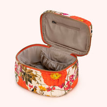 Load image into Gallery viewer, Quilted Cream Fine Flowers Vanity Case, cotton velvet quilted cosmetic case with orange, pink, and yellow floral and bird print, open with beige interior lining and elastic compartments, zipper closure, against white background. 