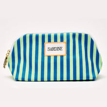 Load image into Gallery viewer, Blue and light green vertically stripped zippered sunglasses pouch with white "SARDINE" fabric label with yellow stitching and gold-tone zipper pull against white background. 