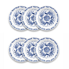 Load image into Gallery viewer, Six white melamine salad plates with a blue floral pattern, shown in an overlapping arrangement, on a white background.    