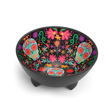 Load image into Gallery viewer, Day of the Dead Taco Prep bowl, black melamine bowl with aqua sugar skull and colorful floral interior design, raised footed  base, against white background.
