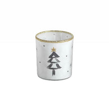 Load image into Gallery viewer, White tea light holder with a gold glitter rim and a black tiered Christmas tree design topped with a gold star, displayed on a white background. 