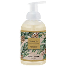 Load image into Gallery viewer, Balsam &amp; Fir, front view of foaming hand wash in a clear, rounded plastic bottle with a white pump, pale yellow liquid, and a beige wraparound label featuring green evergreen branches, brown pinecones, and a gold-colored panel with the scent name and product type in dark lettering against a white background.