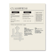 Load image into Gallery viewer, Graduation Times Card, back of white newspaper-style graduation card with black classifieds layout, graduation crossword puzzle design, and printed details against white background. 