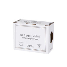 Load image into Gallery viewer, Aquarius Sage salt and pepper shakers packaging box with printed text on a white background. 