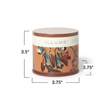 Load image into Gallery viewer, Terra Tabac Vanity Tin Candle, floral tin candle with lid, terracotta-toned tin with blue and brown botanical design, and measurement graphic against white background. 