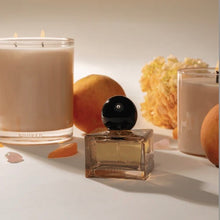 Load image into Gallery viewer, Poured NY Flesh &amp; Fuzz parfum and candles, displayed on a white surface with citrus and coral decor.