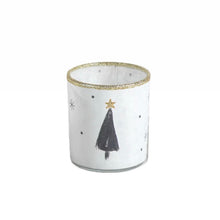 Load image into Gallery viewer, White tea light holder with a gold glitter rim and a simple black triangle Christmas tree topped with a gold star, displayed on a white background. 