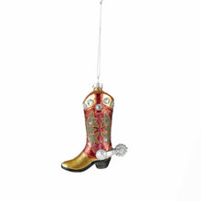 Load image into Gallery viewer, Hand-Painted Cowboy Boot Ornament, glass cowboy boot with a gold-colored toe, red shaft with olive-green detailing, clear rhinestone                                                                                                                                                                                                                                                                                                                 accents, a silver-tone spur, and a gold hanging cord.