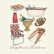 Load image into Gallery viewer, White illustrated print featuring hand-drawn watercolor art of tailgating essentials, including hot dogs, bottles in tubs, red cups, a folding lawn chair, a football, and a cornhole board, with "Tailgates and Touchdowns" in a red cursive text at the bottom. 
