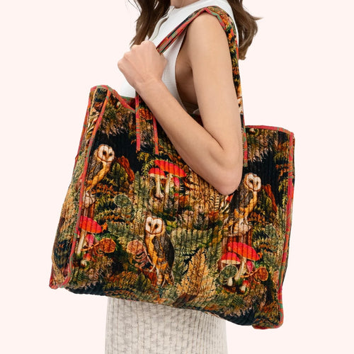 Woodland Owl Velvet Quilted Tote Bag
