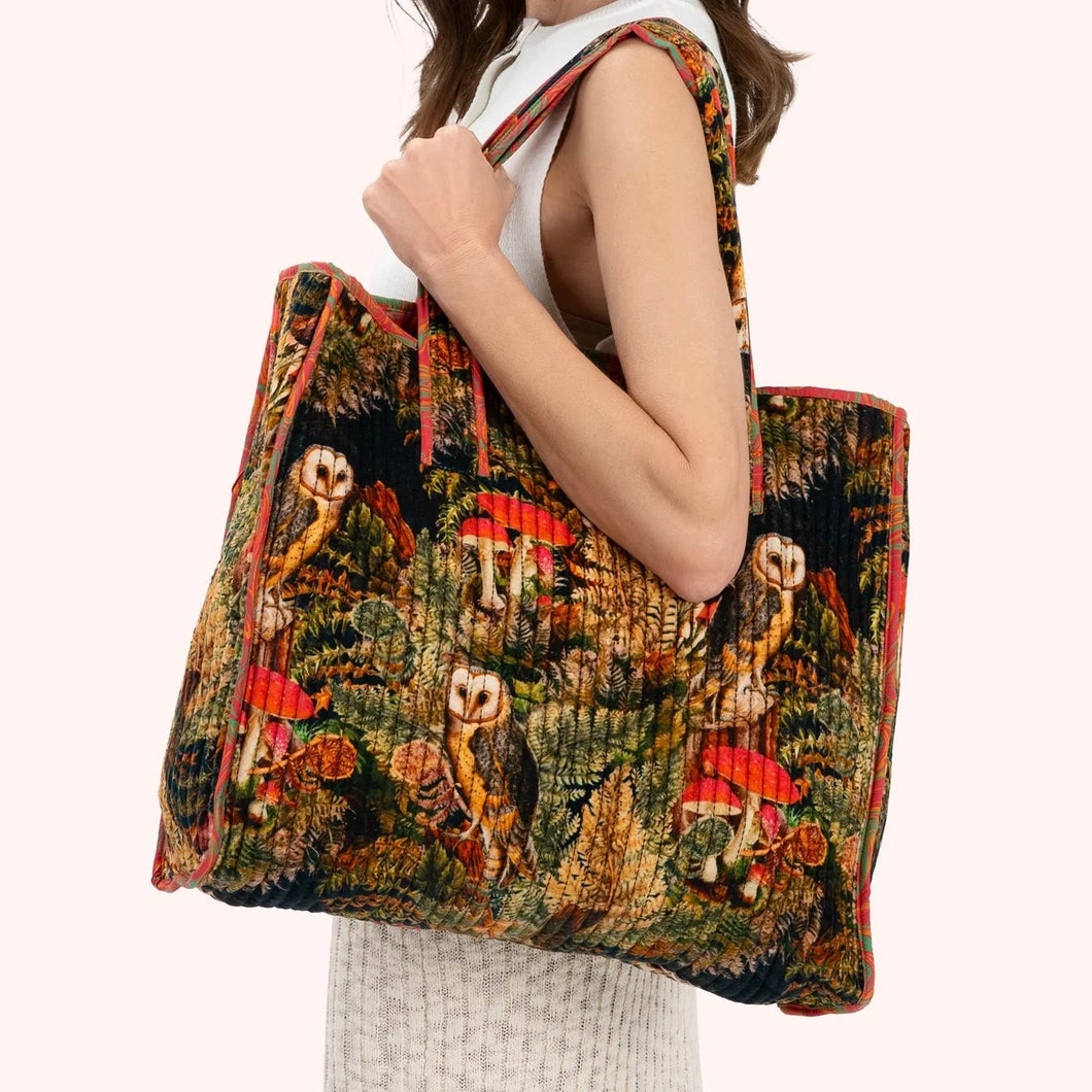 Woodland Owl Velvet Quilted Tote Bag