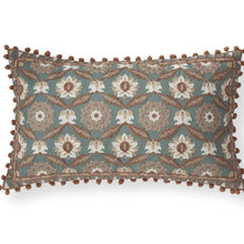 Load image into Gallery viewer, Embroidered Lumbar Pillow, handcrafted teal and mauve pink lumbar pillow with intricate floral embroidery and reddish-brown pom pom trim, displayed against a white background. 