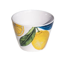 Load image into Gallery viewer, White melamine dip bowl with a yellow lemon and green leaf pattern displayed against a white background. 