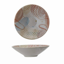 Load image into Gallery viewer, Abstract Stoneware Bowl, round stoneware bowl with abstract blush, terracotta, pale blue, and cream interior design with dotted circle motifs, white exterior, shown in overhead and side profile views against white background. 