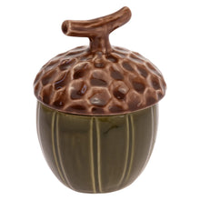 Load image into Gallery viewer, Ceramic acorn-shaped container with a textured brown lid and a green lined body on a white background.