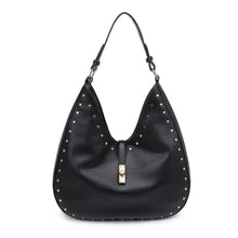 Load image into Gallery viewer, Black pebbled vegan-leather hobo bag with gold stud embellishments and gold hardware displayed against a white background.