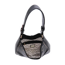 Load image into Gallery viewer, Top view of the opened black pebbled vegan-leather hobo bag showing the patterned fabric lining, interior zip pocket, and logo label against a white background. 