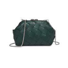 Load image into Gallery viewer, Woven forest-green vegan-leather crossbody bag with a silver chain strap displayed against a white background. 