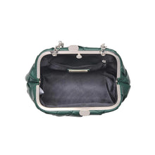 Load image into Gallery viewer, Top view of the opened woven forest-green vegan-leather crossbody bag showing the dark gray fabric lining, interior zip pocket, and logo label against a white background.  