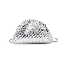 Load image into Gallery viewer, Silver woven vegan-leather half-moon crossbody bag with a silver chain strap displayed against a white background.