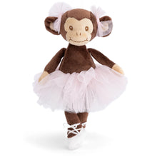 Load image into Gallery viewer, Plush monkey with dark brown fur, light beige face, brown eyes, brown nose, and a stitched smile, wearing a light pink tulle tutu with matching light pink bows on its ears, and white satin ballet-style shoes with ribbon laces. Monkey is standing on its tiptoes against a white background. 