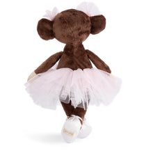 Load image into Gallery viewer, Back view of a plush monkey with dark brown fur, wearing a light pink tulle tutu with matching light pink bows on its ears and white satin ballet-style shoes. Monkey is standing against a white background. 