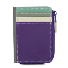 Load image into Gallery viewer, Small multicolor Nappa leather zip purse featuring purple, cream, olive, and mint green panels with contrast stitching and a side zipper closure, embossed with Mywalit logo, displayed flat against a white background. 