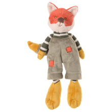 Load image into Gallery viewer, Plush fox with pumpkin orange and white fur, black stitched eyes, a brown nose, yellow hands and tail , and yellow floppy feet. Fox is dressed in a green-and-white striped shirt and moss-colored overalls with coral patch details. Fox is standing upright displayed against a white background. 