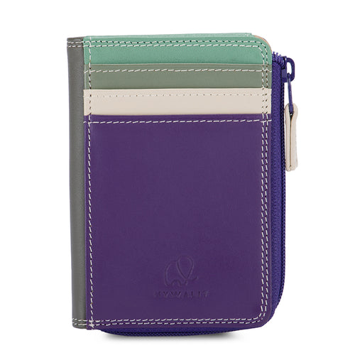 Small multicolor Nappa leather zip purse featuring purple, cream, olive, and mint green panels with contrast stitching and a side zipper closure, embossed with Mywalit logo, displayed flat against a white background. 