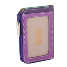 Load image into Gallery viewer, Back view of a small multicolor Nappa leather zip purse featuring a purple border, contrast stitching, and a clear ID window with a thumb slot, displayed against a white background. 