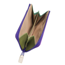 Load image into Gallery viewer, Top view of a small multicolor Nappa leather zip purse with a purple exterior and olive green interior panels, featuring multiple compartments divided by beige fabric sections and a zip closure with a cream pull tab, displayed open against a white background. 