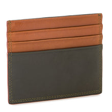 Load image into Gallery viewer, Reverse side of a tan and olive Napa leather double-sided credit card holder featuring three tan card slots and contrast stitching displayed flat against a white background. 