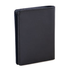 Load image into Gallery viewer, Angled view of a smooth midnight blue leather bi-fold wallet with clean stitching along the edges, displayed closed against a white background. 