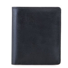 Load image into Gallery viewer, Smooth midnight blue leather bi-fold wallet with neatly stitched edges and a soft matte finish, displayed closed against a white background. 